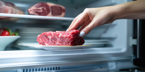 Close-up female hand putting raw meat in refrigerator. Cooking at home, chilled fresh red beef meat.