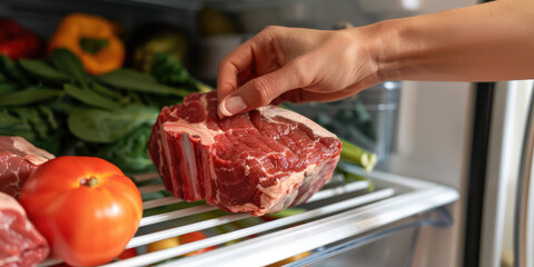 Close-up female hand putting raw meat in refrigerator. Cooking at home, chilled fresh red beef meat.
