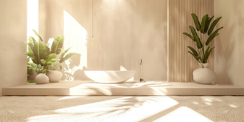 Zen Spa Environment: Minimalist Design with Neutral Beige and White Colors, Perfect for Spa Atmospheres.