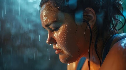 Capture a side view of a plump gal working out intensely in step aerobics, beads of sweat glistening on her forehead, showcasing a blend of determination and exhaustion