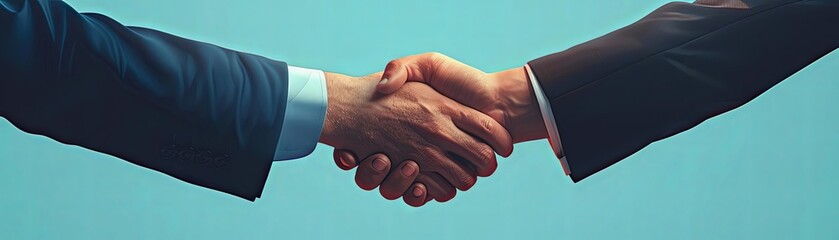 Handshake of two business men in suits isolated on blue background, closeup. Concept for successful holder or tower office hunter deal. Illustration in the style of Mhamse. Wide angle lens shot with S