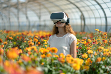 Female farmer wears VR or AR glasses in blooming flowers greenhouse. Modern agricultural practices with virtual reality simulators. Smart farming with AI, futuristic agriculture concept