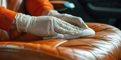 Close-up Hand in rubber glove cleaning leather car seat. Car detailing worker cleaning car interior and car leather seats. 