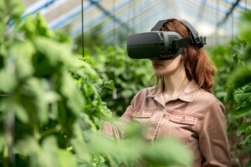 Female farmer wears VR or AR glasses in green greenhouse. Modern agricultural practices with virtual reality simulators. Smart farming with AI, futuristic agriculture concept