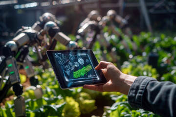Farmer holds VR or AR tablet in green greenhouse with robots. Modern agricultural practices with virtual reality simulators. Smart farming with AI, futuristic agriculture concept