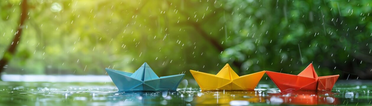 Photo of colorful paper boat in river under rain, nature background with green trees and blue sky, copy space concept for summer vacation on rainy season , solid color background