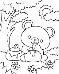 Teddy bear eating honey. Coloring book for children
