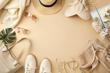 Various accessories including a hat, sunglasses, and purse laid out on a beige surface. Suitable for fashion or travel concepts