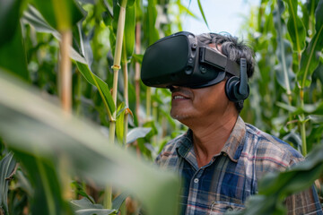Farmer wears VR or AR glasses in corn field. Modern agricultural practices with virtual reality simulators. Smart farming with AI, futuristic agriculture concept