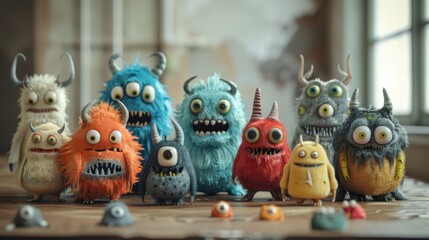 A group of colorful monsters are gathered together. They have different shapes, sizes, and colors, but they all have one thing in common: they're all adorable.