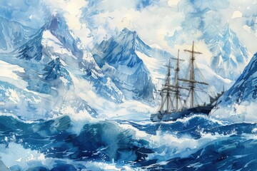 Obraz premium A painting of a ship sailing in the ocean with majestic mountains in the background. Suitable for travel or adventure themes