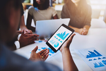 Tablet, screen and business people in office with charts, graphs and statistics for productivity growth. Data analysis, men and women with digital app for performance meeting, development or planning
