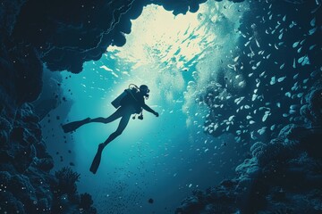A person in a scuba suit exploring underwater cave. Suitable for travel and adventure themes