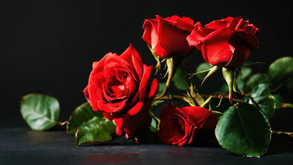 Red roses on a black background, studio light 16:9 with copyspace
