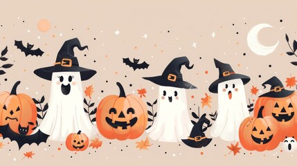 Cute Halloween ghosts and pumpkins. border for oformleniia. illustration.
