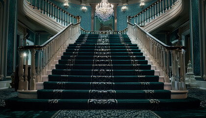 Opulent mansion foyer with dark teal carpeted stairs featuring rich velvet handrails and a densely patterned runner A dramatic crystal chandelier casts light over the opulent details