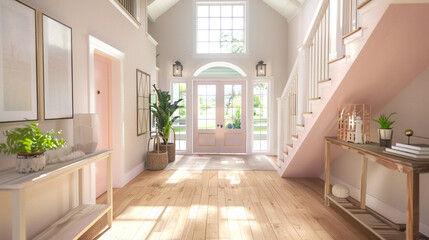 Over-the-shoulder view entering a modern home with a pastel pink staircase front door and wide light hardwood floors leading to a vaulted ceiling Inviting perspective