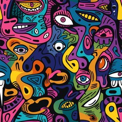 An explosion of colors and faces creates a seamless pattern that stands out for its creativity and expression of human emotions