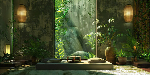 Holistic Healing Space: Minimalist Setting with Earthy Green and Brown Shades, Conveying Holistic Wellness