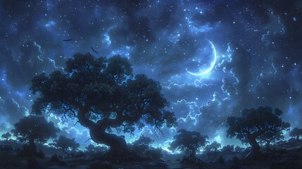 Twinkling Stars Illuminate Indigo Night Sky and Gnarled Trees in Dreamlike Digital Painting