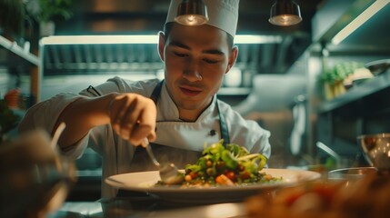 Focused chef garnishing dish with fresh herbs in a professional kitchen at a gourmet restaurant