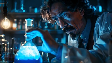 Focused scientist examining a glowing chemical reaction in a dark laboratory