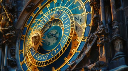 Detailed astronomical clock with zodiac signs and sun iconography. Historical timekeeping and astrology concept ideal for cultural and educational insights
