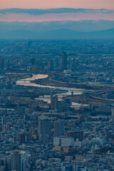 Aerial  view of Tokyo at sunset. A huge number of houses, bridges and the Sumida River flowing through the entire city.