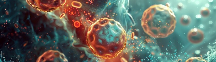 The image shows a close-up of a virus attacking a human cell. The virus is red and the cell is blue. The virus is surrounded by a blue fluid.