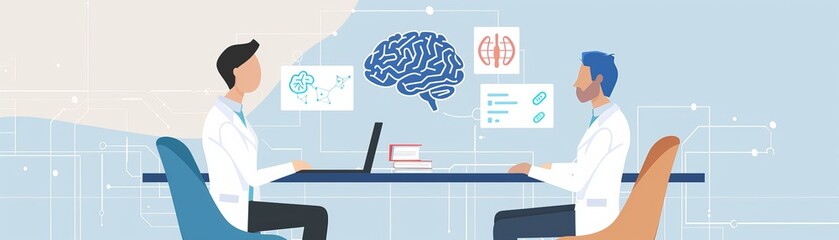 Two scientists in lab coats are sitting at a table and looking at a brain scan on a computer screen. The image is about neuroscience and brain research.