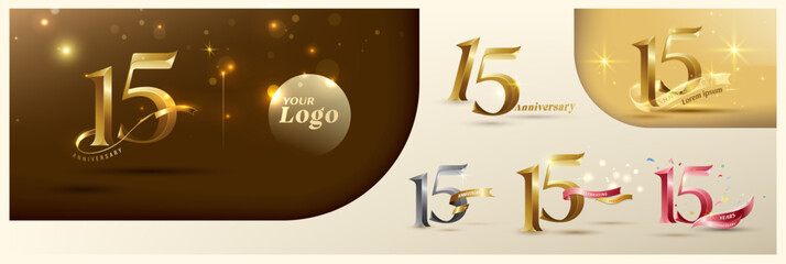 15th anniversary logotype modern gold number with shiny ribbon. alternative logo number Golden anniversary celebration