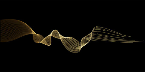 Abstract vector wavy lines flowing smooth curve gold gradient color on black background in concept of luxury, technology, science, music, modern.
