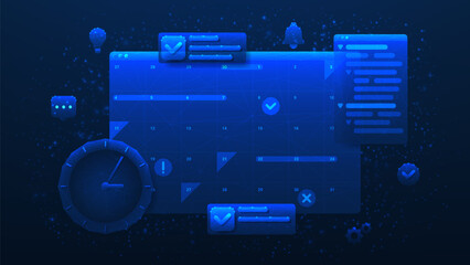 Planning schedule concept banner. Polygonal vector illustration with calendar, scheduled dates and appointments, clock, to-do list with tasks, reminders and messages. Concept of time management.