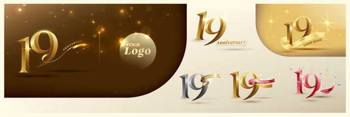 19th anniversary logotype modern gold number with shiny ribbon. alternative logo number Golden anniversary celebration