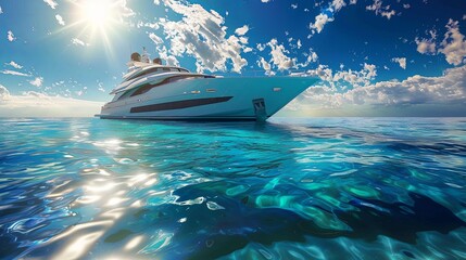 Fototapeta premium A luxurious white yacht peacefully glides across the tranquil lagoon, reflecting the clear blue sky on the pristine water below. Generative AI