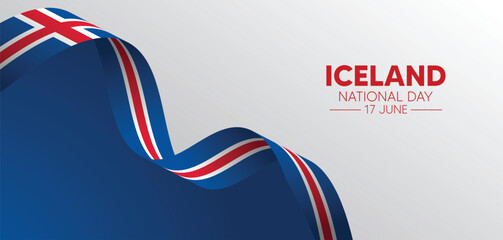 Iceland National Day 17 June waving flag ribbon vector poster