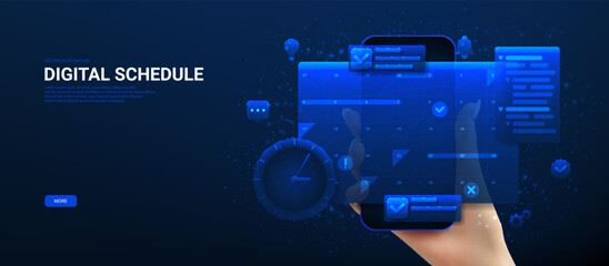 Modern concept of planning schedule. Vector illustration with hand holds phone and showing calendar, scheduled dates and appointments, clock, to-do list with tasks, reminders. Time management.