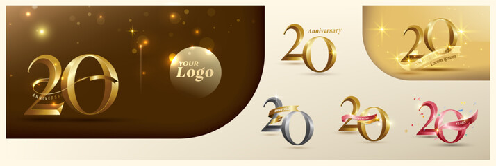 20th anniversary logotype modern gold number with shiny ribbon. alternative logo number Golden anniversary celebration