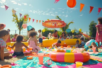 Family pool party atmosphere.