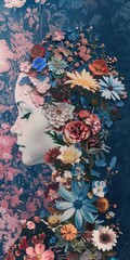 Flower Line Illustration. Paper Collage of Woman Profile with Abstract Flowers on Blue and Pink Background