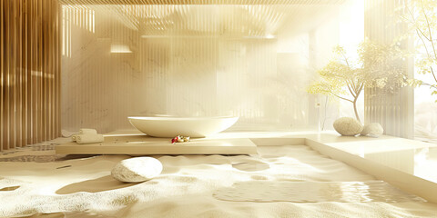 Fototapeta premium Spa Relaxation Retreat: Minimalist Setting with Soothing Beige and White Colors, Perfect for Spa Themes