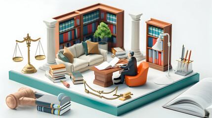 3D Cute Icon: Corporate Lawyer Negotiating High Stakes Contract in Modern Office   Isometric Scene