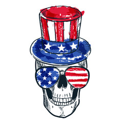 Skull in hat and glasses with USA flag pattern. Hand drawn watercolor sketch illustration isolated on white background. Holiday graphic print, banner, poster, greeting card design element