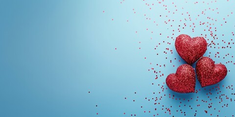 Three vibrant red heart-shaped candies arranged neatly on a bright blue background