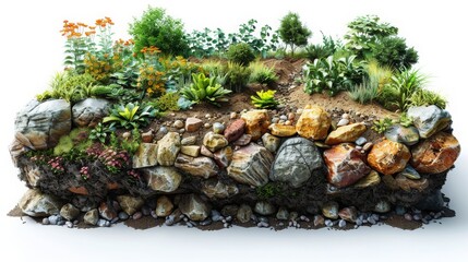 A garden with a variety of plants and rocks