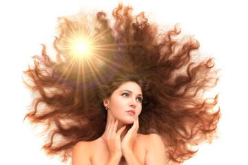 A beautiful woman is a beauty with scattered long hair through which rays of optical light break...