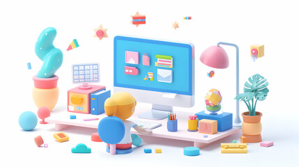 Professional Educator Creating E Learning Course with Cute 3D Icons   Interactive Design in Isometric Scene
