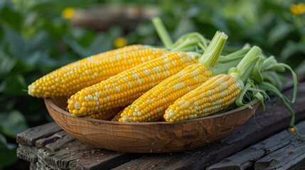 A wooden bowl of corn on a table outside, AI