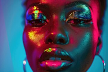 Close-up of a woman's face with vibrant neon makeup. Perfect for fashion and beauty concepts