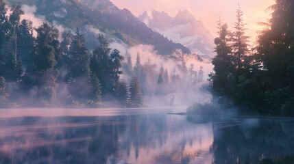 Serene lake at dawn with mist over water and mountain backdrop